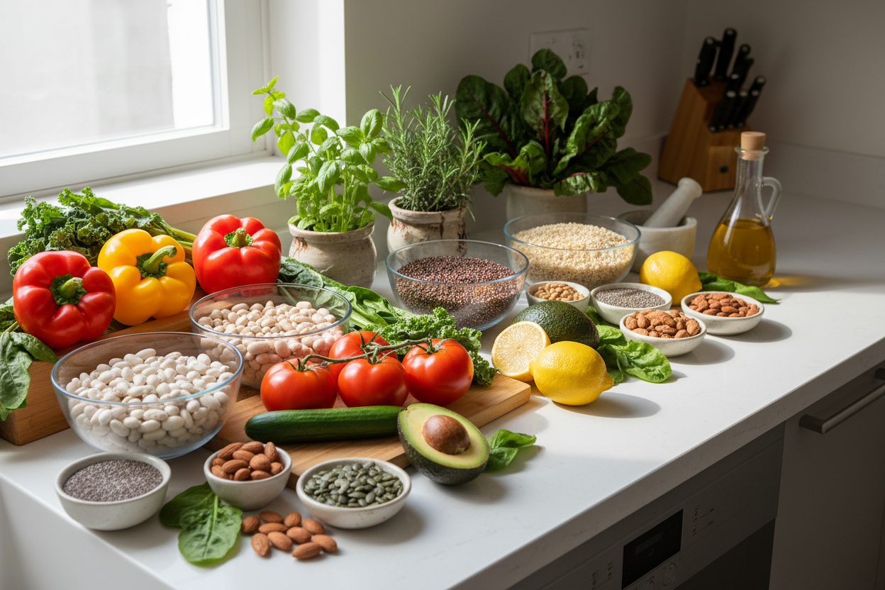 HEALTHY INGREDIENTS ON A COUNTER OF A KITCHEN 